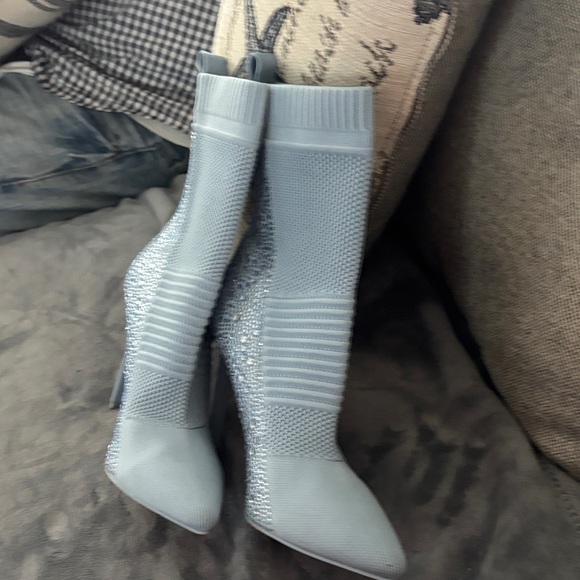 Steve Madden Light Blue Rhinestone Knit Sock Stiletto Boots - Picture 2 of 4